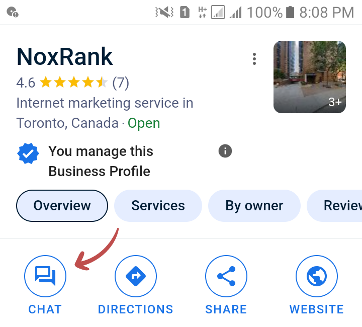 The chat feature in Google Business Profile The chat option in Google Business Profile<br />